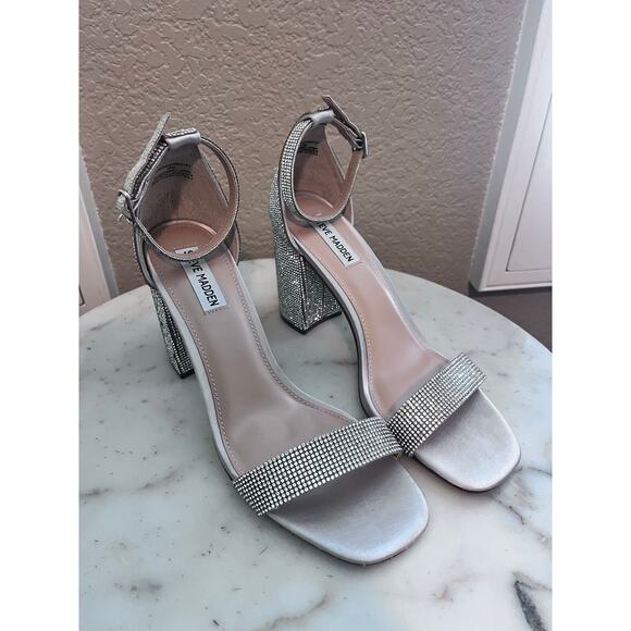 NWOT Steve Madden Rhinestone Silver Open Toe Block Heels Dylann New Crystal 10M - Picture 3 of 8